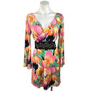 Honey Punch Multicolor V Neck Lace Cutout Waist Long Sleeve Mini Dress Size S